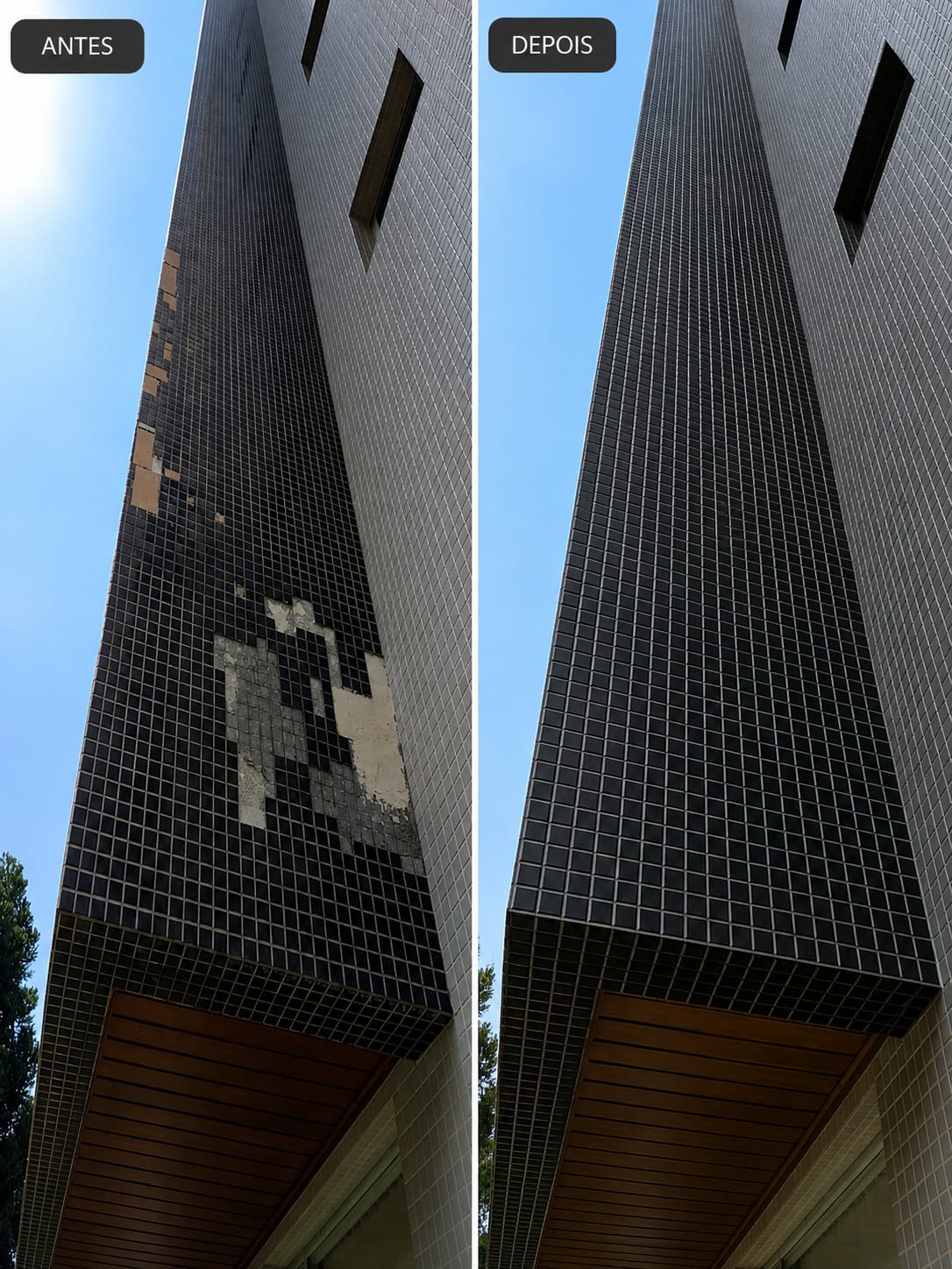 Revitalização de fachadas em pastilha - antes e depois