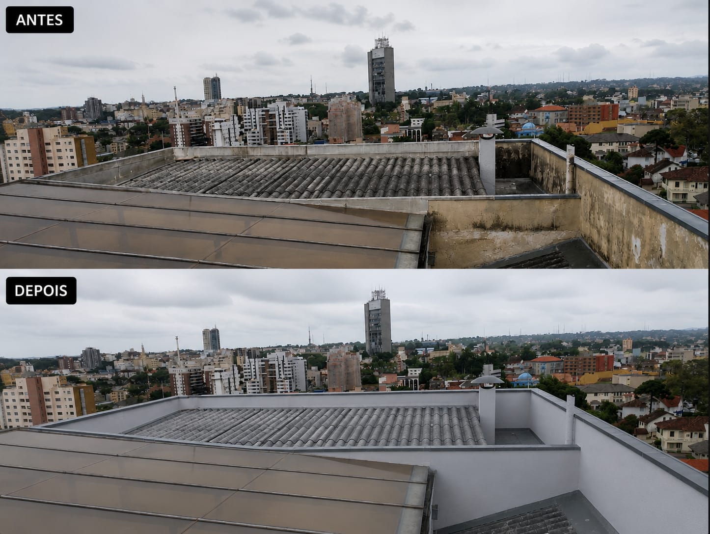 Impermeabilização e manutenção de telhados - antes e depois